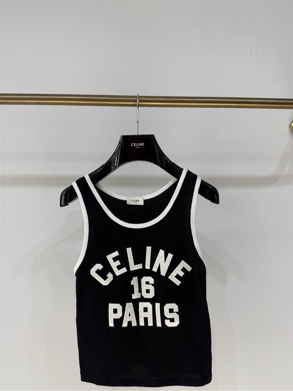 🚩steal Celine Black Tank Top with White Trim and 'CELINE 16 PARIS' Lettering